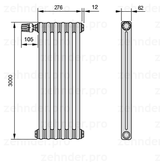 Схема (чертеж) Радиатор Zehnder Charleston 2300/6 №V012 Белый глянцевый RAL 9016
